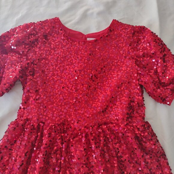 Cat & Jack Girls Red Sequin Dress XL 14 Puff Sleeve Fit n Flare - Picture 3 of 11